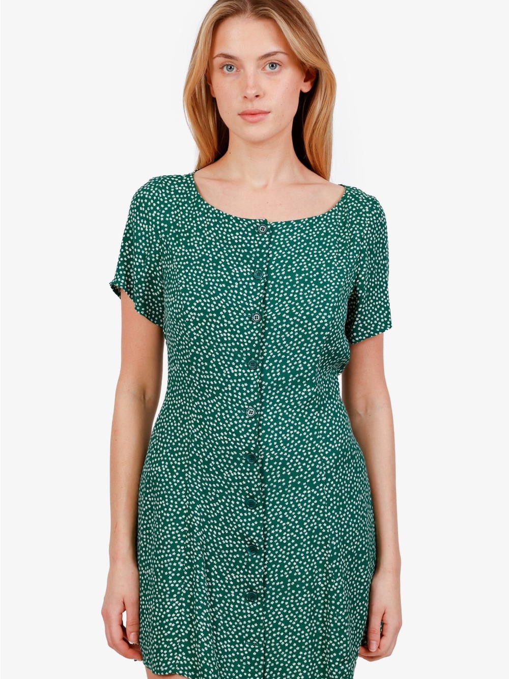 Reformation Green White Floral Square Neck Button Front Mini Dress Size M